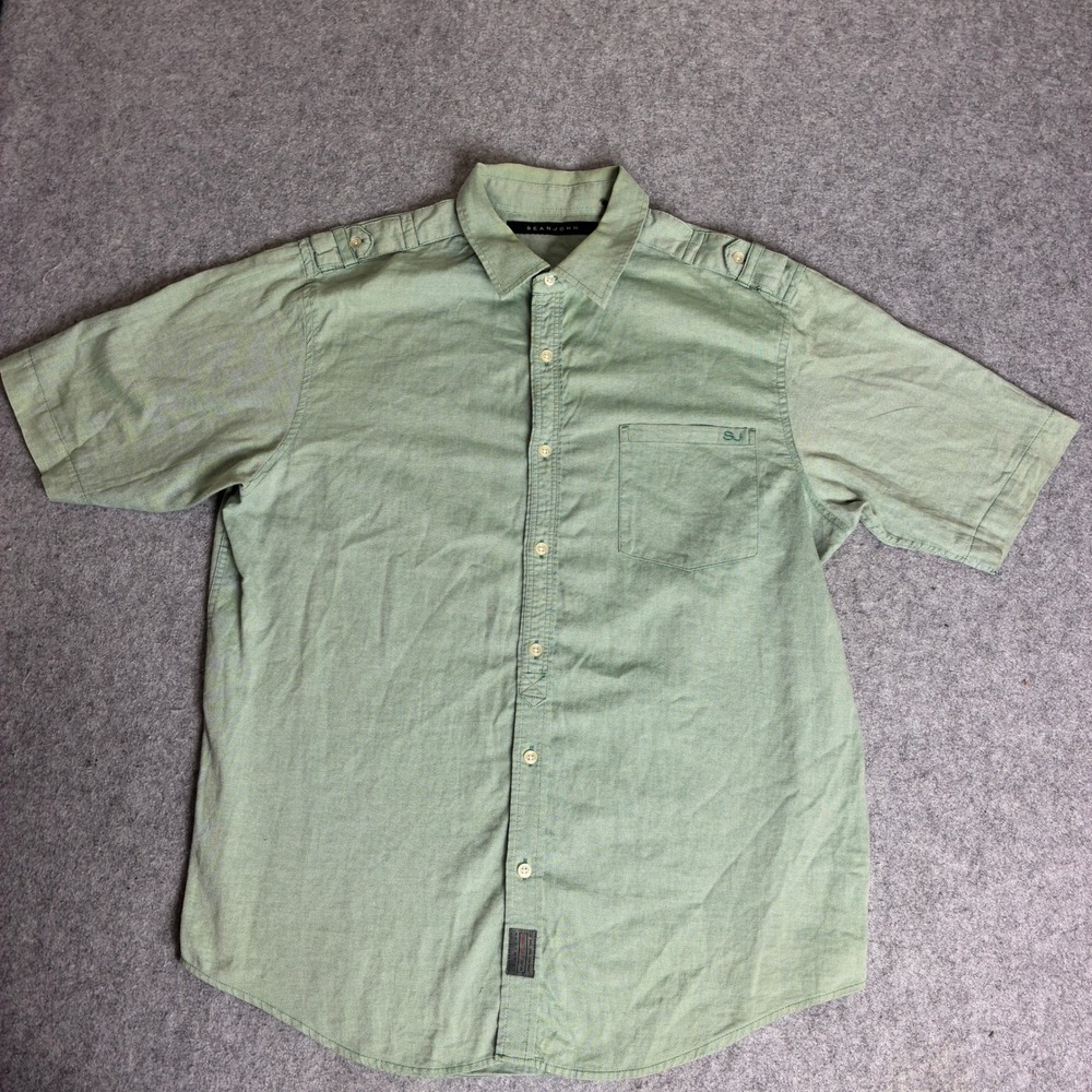 Sean John Mens XL 100% Cotton Sage Green Short Sleeve Button Down Shirt Work